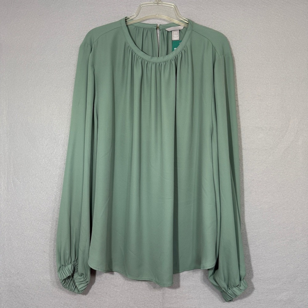 H&M Conscious Gathered Neck Blouse Womens Size XXL Sage Flowy Feminine Poet